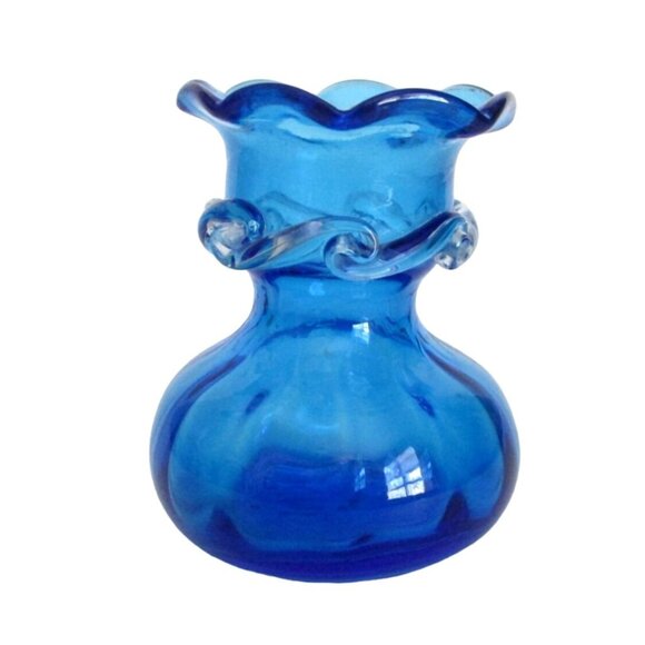 Vintage Blue Art Glass Handblown Vase With Ruffled Edge - Collectible Glass - Picture 1 of 5